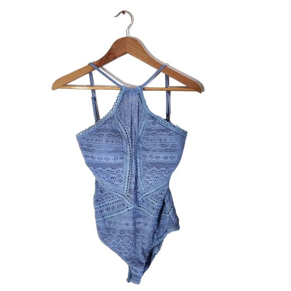 Becca High-Neck Illusion Crochet One-Piece Swimsuit Baby Blue Color Size M - Picture 4 of 11